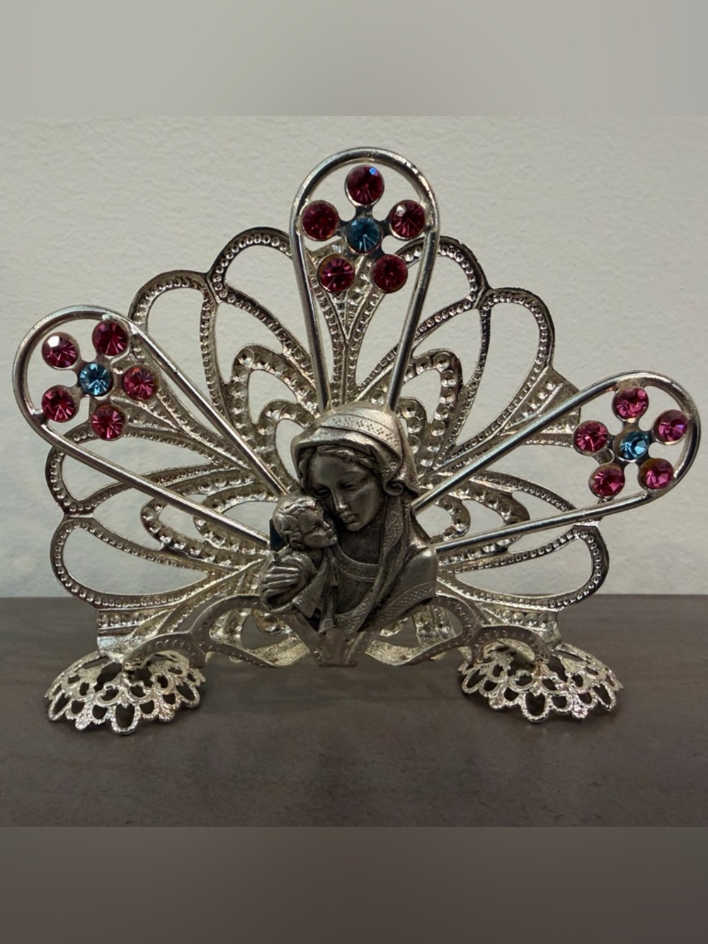 Silver Madonna and Child Accent Decorative Metal Pink/Blue Gems Napkin Holder